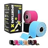 SPORTTAPE Kinesiologie Tape - 3 Rollen Gemischte, 5 cm × 5 m – elastisch & wasserfest kinesiotapes/tape sport, hautfreundlich Baumwolle, starke Haftung, latexfrei für Muskel- & Gelenk-Support
