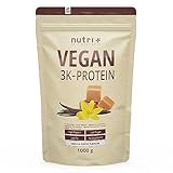 Nutri + Protein Pulver Vegan Vanilla Toffee 1 kg - 80% Eiweiß - 3k Proteinpulver Vanille Karamell - Eiweißpulver Low Sugar - 1000 g Eiweißshake