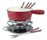 Swissmar KF-66517 Lugano Fondue Set 9-teiliges, Gusseisen/Edelstahl, Kirschrot, 2L, Fondue-Set für Fleisch, Käse und Schokolade, für 4 Personen, Geschenkset