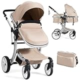 DREAMADE 2 in 1 Kinderwagen, Klappbar Buggy mit verstellbarem Sitz & Griff & abnehmbarem Verdeck, Reisebuggy mit Tragetasche für Baby 0-36 Monate, bis 25kg (Beige)