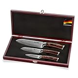 Wakoli EDIB 3 teiliges Damastmesser Set in hölzerner Geschenkbox I Scharfes Messerset gefertigt aus 67 Lagen echtem Damaststahl mit Pakkaholzgriff I Premium Damast Küchenmesser Set mit 8-17cm Klingen