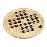 Relaxdays Solitaire Spiel, rundes Spielbrett, 33 Kugeln, Kinder & Erwachsene, 1 Spieler, Holz Brettspiel, natur/schwarz