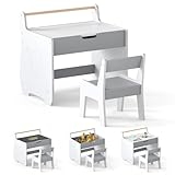 COSTWAY Kindertisch mit Stuhl, 3 in 1 Kindersitzgruppe aus Holz mit wendbarer & abnembarer Tischplatte, Kinder Maltisch mit Stauraum & Papierrollenhalter, Sitzgruppe für Kinder ab 3 Jahren (Grau+Weiß)