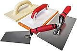 Maurerfreund, 4-teiliges Set mit Putzer-Werkzeugen, Edelstahl-Glättekelle mit Softgriff, Schwammgummi-Reibebrett, Kunststoff-Reibebrett, Berner Putzkelle, Made in Germany