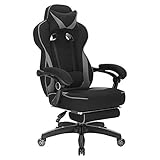 WOLTU Gaming Stuhl, Atmungsaktiv Bürostuhl Gaming Chair Ergonomisch mit Lendenkissen, Gamer Stuhl Racing PC-Stuhl mit Fußstütze & Große Rückenlehne & Sitzfläche für große Personen Schwarz+Grau