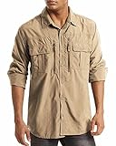 MAGCOMSEN Herren Tactical Hemd US Army Langarmhemd UV Schutz UPF 50+ Funktionshemd Herren Outdoor Wanderhemd für Arbeit Camping Atmungsaktiv Stretch Tropenhemd Khaki L