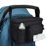 Kinderwagen Organizer Universal, Kinderwagentaschen Buggy Kinderwagentasche Baby Zubehör mit Reißverschlusstasche, Schultergurt und Stauraum für Windeln&Handys (Schwarz)