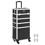 SONGMICS Kosmetikkoffer, Trolley, 4-in-1 Schminkkoffer, groß, Friseurkoffer, 35 x 25 x 79 cm, abschließbar, Make-up Koffer, 360° drehbare Rollen, für Reisen, Geschenkidee, schwarz JHZ11BK