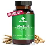 Vitabay Vitamin K2 Hochdosiert 200 µg (mcg) - 120 Vitamin K2 Tabletten Vegan & Laborgeprüft - MK-7 (Menachinon-7) aus natürlichen Zutaten in All-Trans Form - Hohe Bioverfügbarkeit