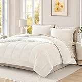 AMBERSPACE Plüsch-Bettwäsche-Set für Queen-Size-Betten, cremeweiß, Flanell-Samt, 7-teiliges Bett in einer Tasche, weiches warmes Winter-Bettwäsche-Set mit Laken, Kissenbezügen und Kissenbezügen