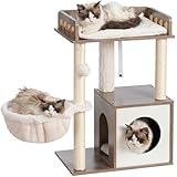 Heybly kratzbaum, Kratzsäule Holz Mit 30 x 50 cm Plattform, Kratzstamm Mit Katzenkorb Und 2 Sisalkratzpfosten, Stabil Und Haustierfreundlich Für Kleine Und Mittelgroße Katzen, Greige HCT007SSG
