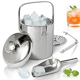 Amazy Edelstahl Eisbehälter mit Deckel inkl. Zange, Eisschaufel und Sieb – Doppelt isolierter Eiswürfelbehälter mit Tragegriff für optimal gekühlte Eiswürfel und Getränke (1,3 Liter)