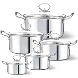HOUSLUX Topfset Induktion Topf Kochtopf Set 5-teilig,Topfset Edelstahl poliert, Töpfe Set unbeschichtet Edelstahl poliert, Töpfe Set unbeschichtet (silberfarben, 5 Teilige Set)