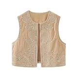 Fnfmrfmr Damen Weste mit Pailletten-Stickerei, Rundhalsausschnitt, ärmellos, Velours, bauchfreies Top, khaki, M