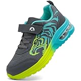 PiDaGlobal Kinder Sneaker Jungen Hallenschuhe Mädchen Outdoor Laufschuhe Klettverschluss Turnschuhe ​​Leichte Atmungsaktive SchulSportschuhe​ 36EU Grau/Grün