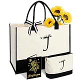 Vanqruo Personalisierte Geschenke für Frauen - Anfangs Leinwand Tote Tasche & Make-up Tasche, benutzerdefinierte Taschen für Strand, Weihnachten, Urlaub, Monogramm Geburtstagsgeschenke für Frauen - J