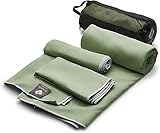 MOVASEE Mikrofaser Handtuch 3pc Set,Schnelltrocknend Kompakt Leichtes Microfaser Handtücher mit Organizer,Sporthandtuch,Reisehandtuch,Strandhandtuch für Fitness,Strand,Camping,Sauna,Reisen,Yoga(Grün)