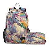OWFKAY Kinder-Rucksack, Regenbogen-Einhorn, Blumensea, Jungen, Mädchen, Schulrucksack mit Lunchtasche, Büchertaschen-Set