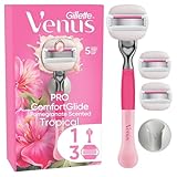 Gillette Venus Pro ComfortGlide Tropical Damenrasierer mit Granatapfel Duft (und Olay Feuchtigkeitscreme), Ersatzklingen, langlebiges Metallhandstück und Duschhalterung