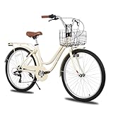 HILAND 26 Zoll Beach Cruiser Bike für Männer und Frauen, Step-Through Rahmen Cityräder für Erwachsene mit Gepäckträger und Korb, Herren und Damen 7 Gang Pendler Stadtfahrrad, Beige