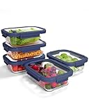 BOROHOUSE 5er-Pack Borosilikatglasbehälter mit gehärtetemDeckel, 1040 ml/ 4,4 Tassen, luftdichtes Mahlzeiten-Vorbereitungs-Set, mikrowellen-/gefriergeeignet/ofen­fest-20℃~510℃, Blau