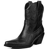 DANAZANA Cowgirl-Stiefeletten für Damen, breite Wade, Western-Stiefeletten, bestickt, geschlossen, spitzer Zehenbereich, zum Überziehen, Cowboy-Stiefeletten, Retro-Stil, Größe 40-45, Schwarz, 41 EU