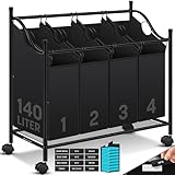 KESSER® Wäschekorb Wäschesammler Wäschesortierer mit 4 abnehmbaren Stofftaschen | 4 Fächer x 35 Liter | Wäschebox mit 12 Waschhinweisen 360° Rollen mit Bremse Wäsche-Sortiersystem Wäschewagen Schwarz