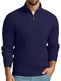 QIXING Pullover Herren Troyer mit Zopfmuster Weicher Freizeit-Strickpullover mit 1/4-Reißverschluss und gerippten Kanten Winterpullover Herren(Marineblau, L)
