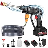 60 Bar Akku Hochdruckreiniger kabelloser, 300W Tragbare Hochdruck-Sprühwasserpistole mit 2 1500mah Akku, Verstellbare Sprühdüse, 5M Schlauch, Waschmaschine für Gartenbodenreinigung, Bewässerung