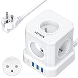 Multiprise USB Cube, TOPREK Cube Rallonge Multiprise 2M Avec 5 Prises AC Française, 1 USB C(20W PD3.0) et 3 USB A, 1 Interrupteur, 4000W/16A, France Voyage Bureau à Domicile Power Board, Blanc