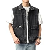 SAWEEZ Herren-Jeansweste, Leichte, Dünne Jeansweste, Vintage-Jeans, Verwaschen, Cowboy-Weste, Ärmellos, Revers, Cargo-Weste, Lässige, Adrette Übergangsjacke Für Damen Und Herren, Schwarz, Xl