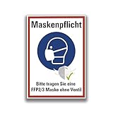 Aufkleber 'Maskenpflicht Bitte tragen Sie eine Maske FFP2/3 Maske ohne Ventil' Schild Folie | rot/blau ähnl. ISO 7010 | Größen wählbar Made in Germany, Größe: 20x30 cm
