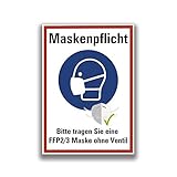 Aufkleber Maskenpflicht Bitte tragen Sie eine Maske FFP2/3 Maske ohne Ventil Schild Folie | rot/blau ähnl. ISO 7010 | Größen wählbar Made in Germany, Größe: 10x15 cm