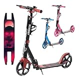 Arebos Cityroller Tretroller mit LED Rot | höhenverstellbar | klappbar | inkl. Tragegurt | Hand- & Trittbremse | für Kinder und Erwachsene | bis 100kg belastbar Roller | Kickroller | Kickscooter