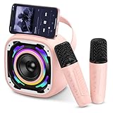 PKBD Karaoke Maschine Kinder mit 2 Mikrofonen, Tragbare Bluetooth Lautsprecher mit Telefonhalterung/Dynamisches Licht/Voice Changer Effekte, Mini Karaoke Box Geschenk für Mädchen Jungen, Rosa