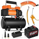 Tragbarer Druckluft kompressor, 21V Akku, mit Manometer, Sicherheitsventil & Wasserablassschraube Luftschlauch und Druckluftpistole, (ölfrei, max. Druck 8 bar, Kessel 3L)