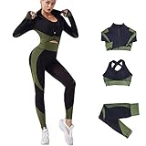 Veriliss Damen Sportanzüge Jogginganzug Sport Sets 3-Piece Gym Outfit Hosen und Sports Suit Crop Top Sportjacke Bekleidungssets Yoga Freizeitanzug Sportswear (SchwarzGrün,S)