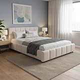 Juskys Polsterbett Florenz 140 x 200 cm – Bouclé, modernes Bett mit Kopf- & Fußteil, stabilem Holz- & Metallrahmen, Lattenrost, 500 kg Tragkraft – Creme