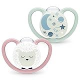 NUK Space Night Babyschnuller | 18-36 Monate | Im Dunkeln leuchtende Schnuller mit zusätzlichen Öffnungen für sensible Haut | BPA-freies Silikon | Schaf | 2 Stück