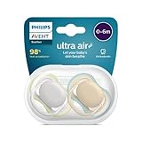 Philips AVENT ultra air Schnuller - 2er Pack, BPA-freier, atmungsaktiver Schnuller für Babys von 0-6 Monaten, inklusive Transport- und Sterilisationsbox, grün/braun (Modell SCF085/15)