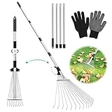 Laubrechen Verstellbar mit Stiel 207cm,Verstellbarer Rechen,Laubharke Metall mit Handschuhe,Fächerbesen Verstellbar,Gartenrechen Teleskop,Laubbesen Wolf,Rechen Garten mit Stiel,Laubfächer