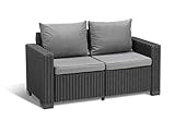 'Allibert by Keter' California 2-Sitzer Gartensofa für Balkon und Terrasse, inklusive Sitzauflagen und Rückenkissen, runde Rattanoptik, Lounge Gartenmöbel, Graphit/panama cool grau, 141 x 68 x 72 cm