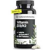 natural elements Vitamin D3 + K2 –  99,7% all-trans MK-7 & 2000 IE Vitamin D3 – 240 Tabletten – hochdosiert, optimal bioverfügbar – ohne unnötige Zusätze – in Deutschland produziert