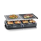 SEVERIN Raclette-Grill mit Naturgrillstein und Grillplatte, Raclette mit antihaftbeschichteter Grillplatte und 8 Pfännchen, Tischgrill für 8 Personen, max. 1300 W, schwarz, RG 2371