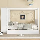 Einzelbett 90x200 cm mit Stauraum & Fallschutz – Kinderbett aus Holz mit Schubladen, Gitter & Schreibtischfunktion, Holzbett für Jungen & Mädchen, Weiß/Natur