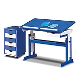 KHG Schreibtisch-Set blau weiß mit Rollcontainer Kiefer Echtholz 6-Fach höhenverstellbar mit neigbarer Tischplatte 109 x 96 x 55 cm