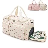 Cord Erdbeer Sporttasche Damen Groß,Sporttasche mit Schuhfach,Schwimmtasche,Reisetasche Groß mit Nassfach,Gym Tasche Damen,Sporttasche Damen Fitnessstudio (weiß)