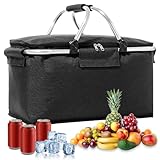 Einkaufskorb Faltbar, 18 L Thermo Einkaufskorb als Picknickkorb,Einkaufskorb mit Deckel, Aluminiumgestänge Tragegriffen und Reißverschluss, Einkaufskorb Schwarz für Reisen, Picknick, Einkaufen