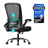 SONGMICS Bürostuhl, Schreibtischstuhl, Drehstuhl mit Netzbespannung, ergonomisch, gepolsterte Lendenstütze, Wippfunktion, 53 cm große Sitzfläche, klappbare Armlehnen, schwarz OBN37BK