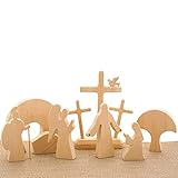 NSXIN Osterkrippe Holz Osterszene Holz Dekorations Set, Handgefertigte Jesus Krippe, Holzkreuz Osterfigur Osterdekoration Auferstehungs Szenen Set Krippenfiguren Aus Holz Für Zuhause, Tisch, Büro